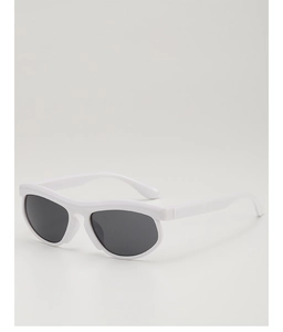 Close-up of stylish kids sunglasses with thick white plastic frame and dark grey lenses