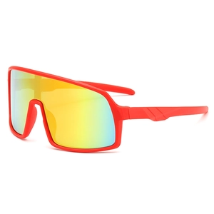 Kids cycling sunglasses with red frame and colorful gradient lens from a 45-degree angle