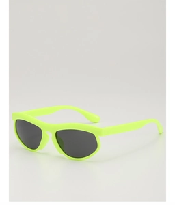Detail view of neon yellow kids sports sunglasses with dark grey protective lenses