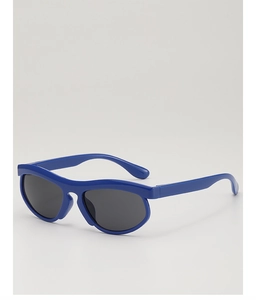 Close-up of bright blue frame kids sunglasses with grey lenses and sleek glossy finish