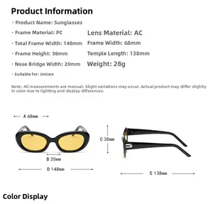 Detailed size chart for vintage small frame sunglasses with dimensions and PC frame specs