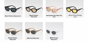 Collage of seven vintage oval sunglasses in various frame colors and lens tints