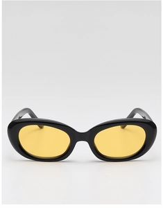 Macro detail of retro oval sunglasses with glossy black frames and vibrant yellow lenses
