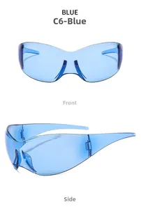Vue de face et de profil de lunettes de soleil de sport bleues sans monture à branches larges
