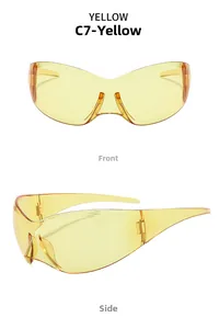 Vues de face et de côté de lunettes de soleil de sport jaunes sans monture