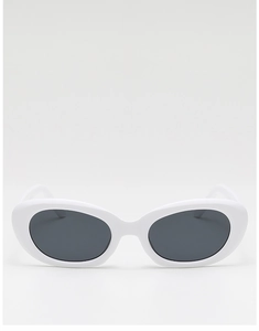 Front view of white oval frame sunglasses with dark grey lenses and sleek finish