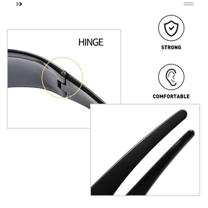 Détail des charnières robustes et des embouts de branches confortables des lunettes noires