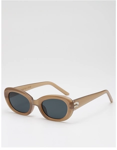 Detail of retro oval sunglasses with silver metal accents and printed arm parameters