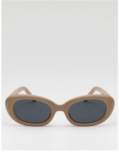 Close-up of retro oval light brown frame sunglasses with dark grey lenses and smooth finish