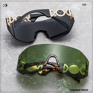 Close-up of rimless oversized sport sunglasses with gold temples and deer head logo detail