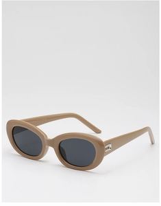 Detail view of khaki retro oval sunglasses featuring silver metal hinge accents and dark lenses