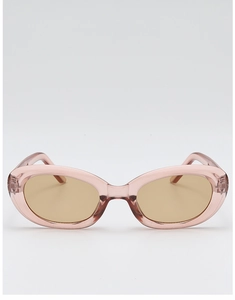 Detail of pink translucent resin frame and yellow tinted lenses on oval retro cat eye sunglasses