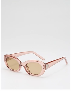 Detail view of pink translucent oval sunglasses frame with product model M1301 on temple