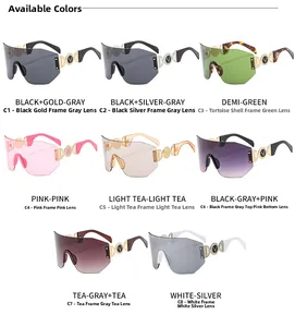 Detailed grid showing 8 colors of oversized rimless sports sunglasses with hollow metal temples