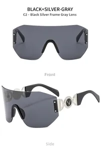 Detailed front and side views of oversized rimless cycling sunglasses with deer logo