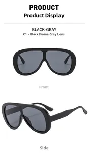 Front and side view of large oversized square black frame sunglasses with gray lenses