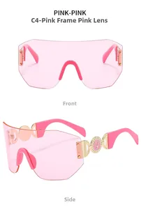 Detailed front and side views of pink frameless sports sunglasses with gold stag logo