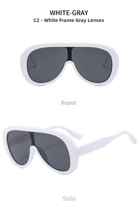 Front and side detail of white oversized shield sunglasses with grey lenses