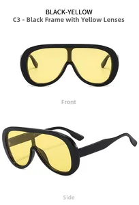Front and side view of retro oversized one-piece sunglasses with black frame and yellow lenses