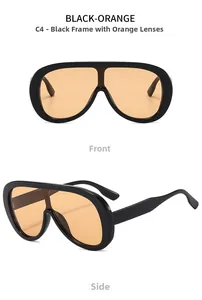 Front and side views of oversized shield sunglasses with black frames and orange lenses