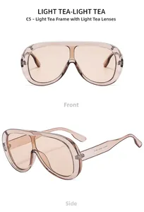 Detail of oversized light tea square sunglasses with clear frame and model number engraving