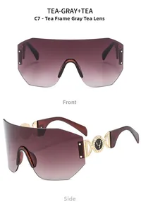 Detailed front and side views of tea-colored rimless sports sunglasses with golden D logo