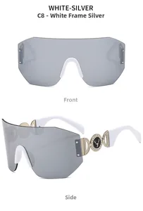 Detail of white sports sunglasses with silver mirror lens and gold deer head logo