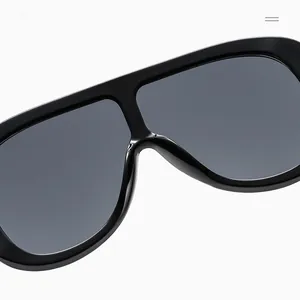 Detail of black oversized shield sunglasses with high-gloss finish and dark lenses