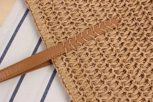 Gros plan détaillé sur la texture de paille tissée et la bandoulière en similicuir brun