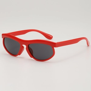 2025 trendy kids sunglasses with red wavy frames and dark gray lenses for boys and girls
