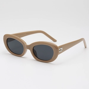 Retro oval frame sunglasses in khaki with dark lenses and metal temple detail