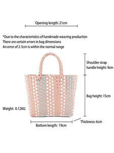 Handwoven macaron color block picnic basket for kids with detailed size measurements