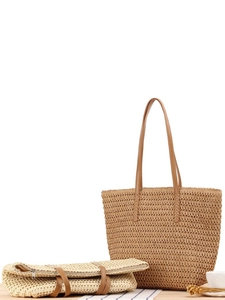 Sac Cabas Tissé En Corde De Papier Pour Femmes Sac À Épaule Grande Capacité Avec Sangles En Cuir PU Style Français Décontracté Sac De Plage