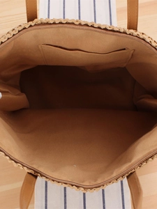 Sac cabas français en paille tissée avec doublure brune, zip et poche intérieure