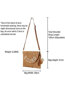 Handwoven khaki straw envelope crossbody bag with pearl Bride lettering and pompom detail