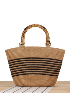 Woven Straw Handbag Contrast Striped Paper Rope Tote With Bamboo Style Handle Women Summer Beach Vacation Casual Purse