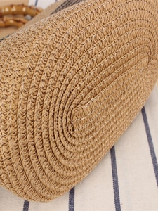 Bamboo handle woven tote bag with contrast stripe texture and durable stitched base