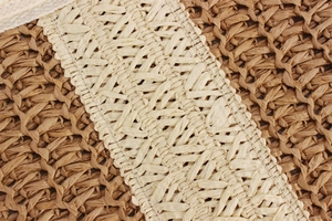 Close-up of dual-tone paper straw weave texture in dark brown and beige on a tote bag