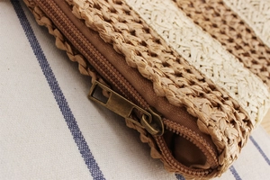 Detail of two-tone woven paper rope bag with vintage bronze zipper and fine textures
