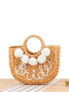 Sac À Main En Paille Fait Main Corde De Papier Tissé Sac De Plage Avec Pompons Blancs Broderie Bride Tote De Vacances