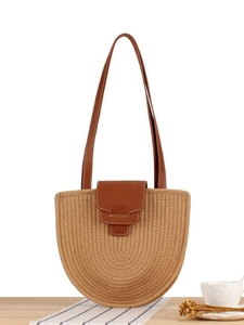French Retro Woven Shoulder Bag Cotton Rope PU Leather Flap Magnetic Buckle Semi Circular Summer Beach Vacation Casual