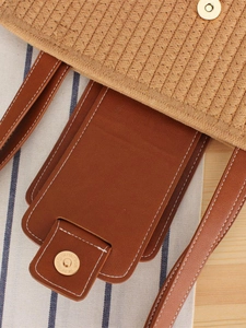 French retro semi-circle woven straw bag with brown leather strap and gold magnetic buckle