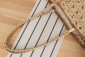 Vue détaillée du sac en paille tissé à la main avec motif ajouré et poignée tressée robuste