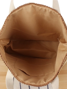 Two-tone woven paper rope tote bag with zipper closure and spacious fabric interior