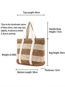 Two-tone paper rope woven tote bag with dimensions 44x30x15cm and white canvas handles