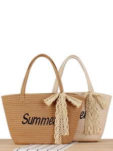 Sac Fourre-tout Tissé En Corde De Coton D'été Grande Capacité Sac Seau De Plage Vacances Broderie Lettres Noeud En Dentelle Pour Femmes