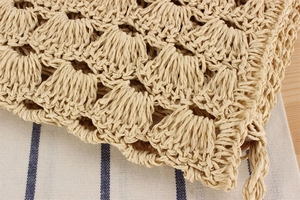 Macro shot of beige straw crossbody bag featuring detailed fan-shaped crochet patterns