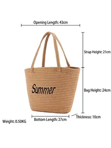 Grand sac de plage tressé avec lettrage Summer et bretelles robustes en corde de coton