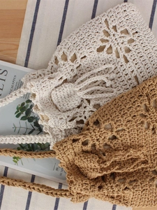 Handmade crochet woven floral tote bags in cream and brown with large bow details