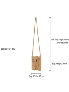 Handmade light brown cotton rope woven crossbody bag with hollow flower patterns and long strap